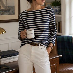 J.Crew Breton Stripe Boatneck Top Medium Navy Cream Cotton Coastal Preppy